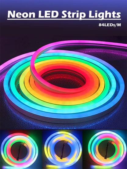 Neon LED Strip Lights 12-24V 84LEDs/M Silicone Neon Rope Light with Music Sync RGBIC Dreamcolor Chasing Strip Tape for Room
