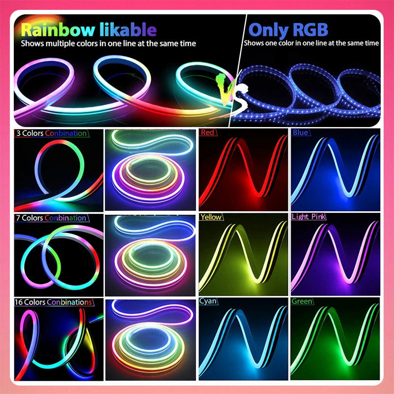 Neon LED Strip Lights 12-24V 84LEDs/M Silicone Neon Rope Light with Music Sync RGBIC Dreamcolor Chasing Strip Tape for Room