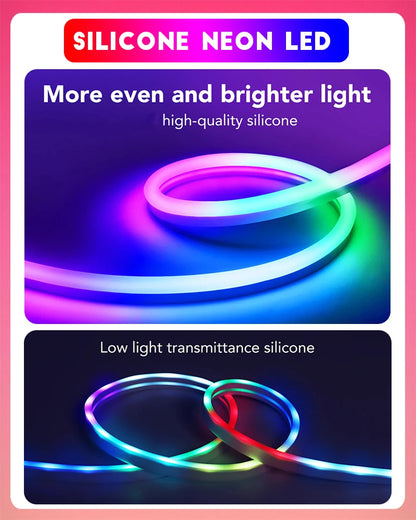 Neon LED Strip Lights 12-24V 84LEDs/M Silicone Neon Rope Light with Music Sync RGBIC Dreamcolor Chasing Strip Tape for Room