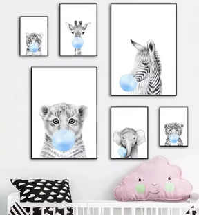 Premium Wall Art - Baby Animals with Blue Balloons (Multiple Sizes Available)