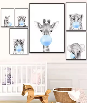 Premium Wall Art - Baby Animals with Blue Balloons (Multiple Sizes Available)