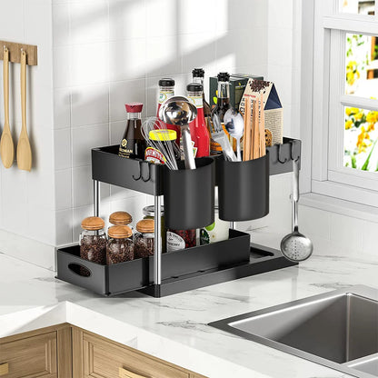 2-Tier Under Sink Sliding Organizer with Hooks