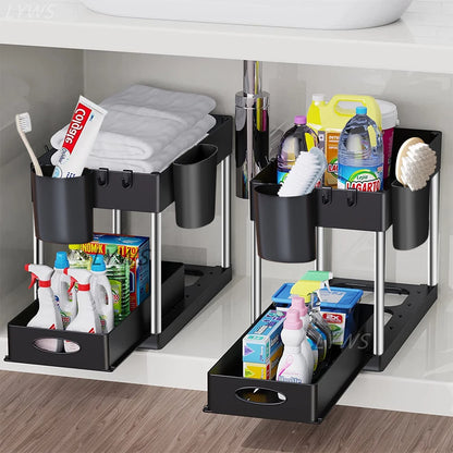 2-Tier Under Sink Sliding Organizer with Hooks
