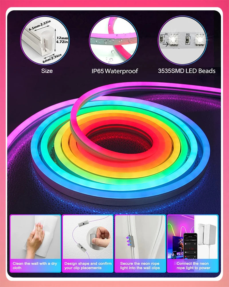 Neon LED Strip Lights 12-24V 84LEDs/M Silicone Neon Rope Light with Music Sync RGBIC Dreamcolor Chasing Strip Tape for Room