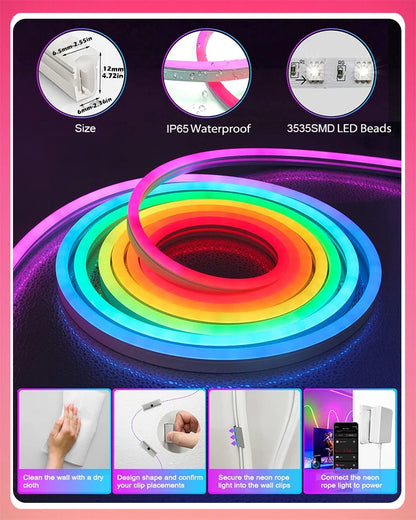 Neon LED Strip Lights 12-24V 84LEDs/M Silicone Neon Rope Light with Music Sync RGBIC Dreamcolor Chasing Strip Tape for Room