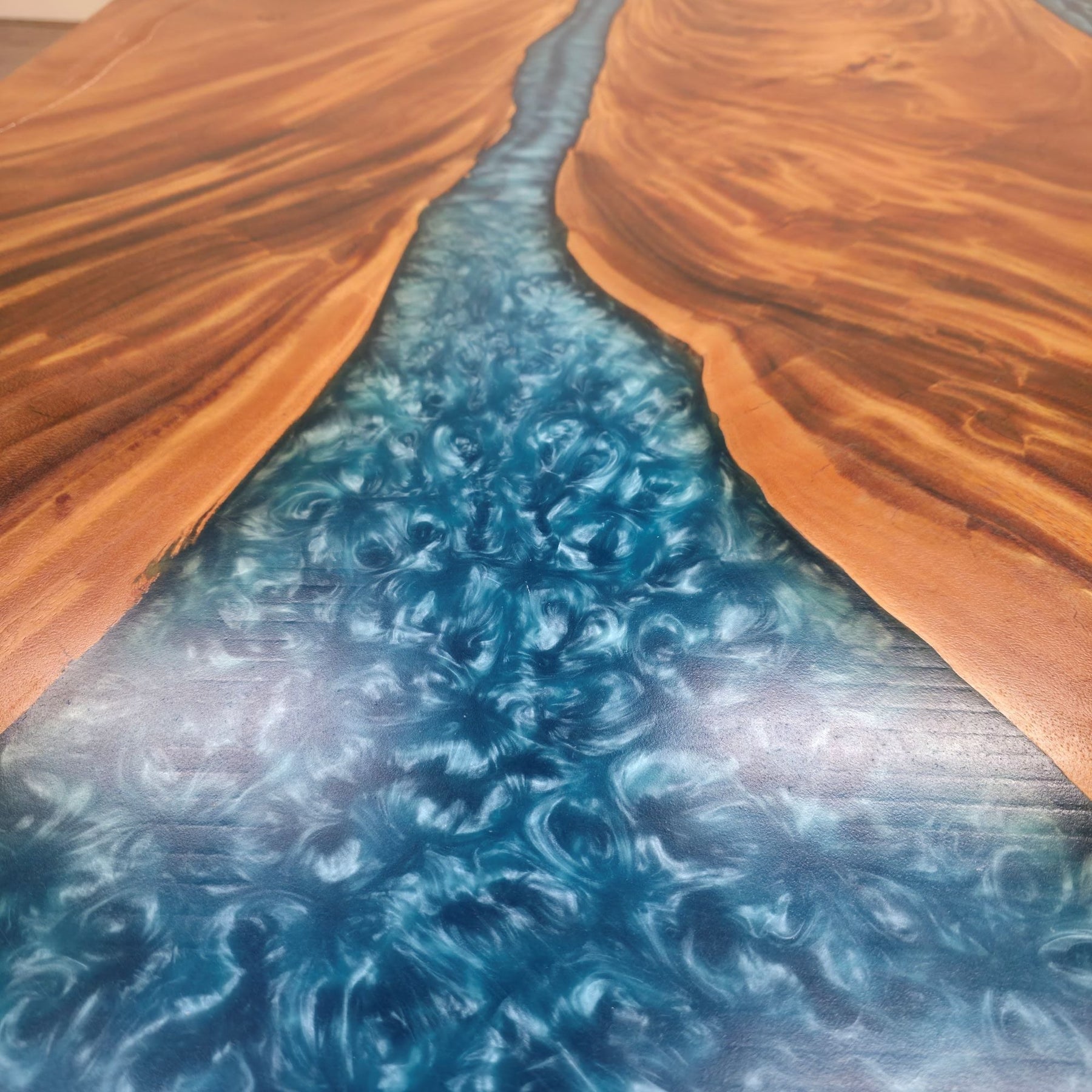 210cm x 145cm Blue Resin Live Edge East Indian Walnut Dining Table