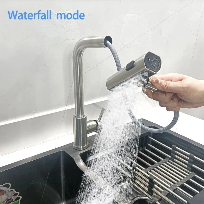 Premium Grey/Silver Pull-Out Kitchen Faucet – Flexible Hot & Cold Mixer Tap with Stream and Shower