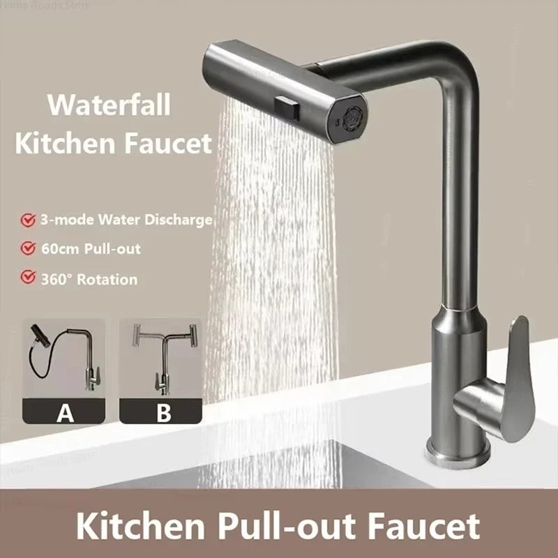 Premium Grey/Silver Pull-Out Kitchen Faucet – Flexible Hot & Cold Mixer Tap with Stream and Shower