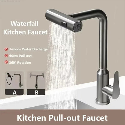 Premium Grey/Silver Pull-Out Kitchen Faucet – Flexible Hot & Cold Mixer Tap with Stream and Shower