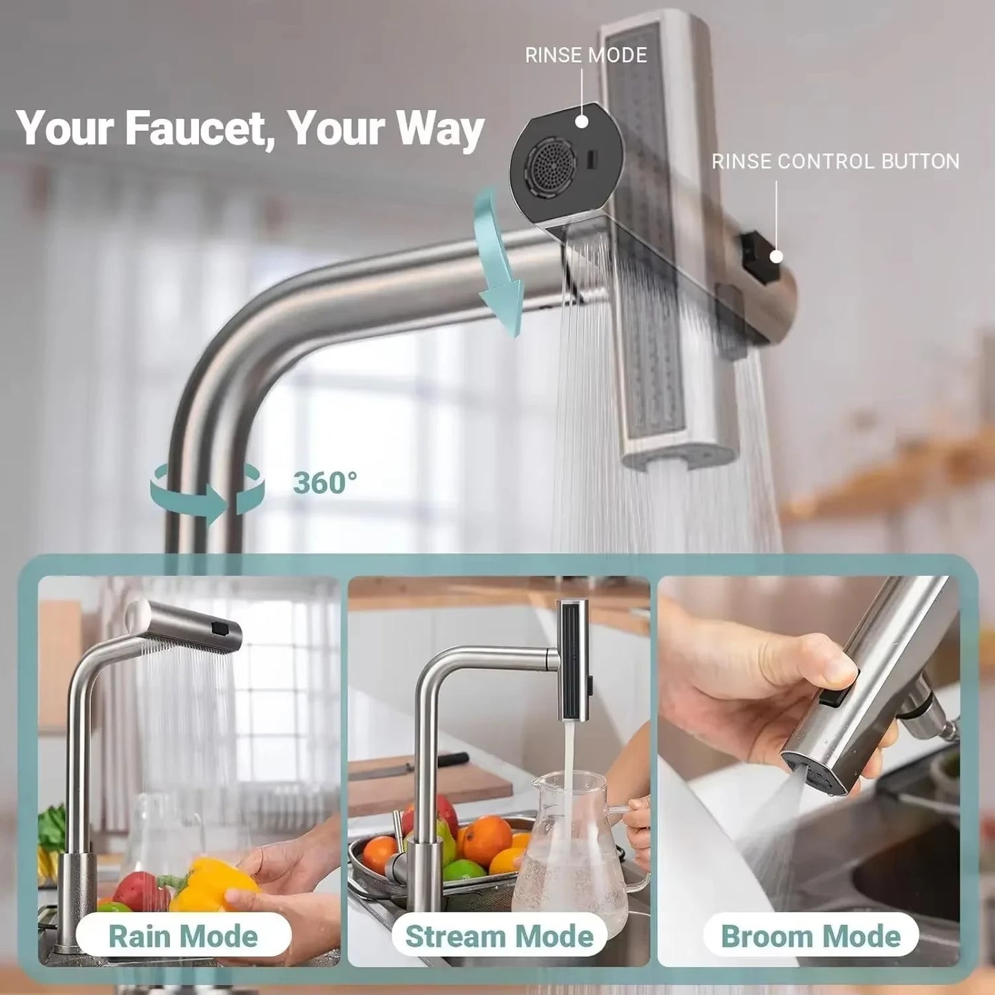 Premium Grey/Silver Pull-Out Kitchen Faucet – Flexible Hot & Cold Mixer Tap with Stream and Shower