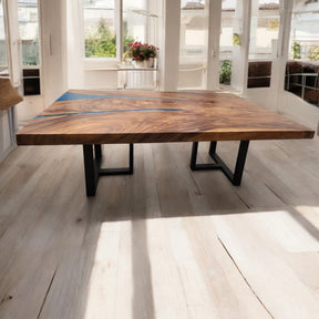 210cm x 145cm Blue Resin Live Edge East Indian Walnut Dining Table